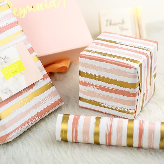 WRAPAHOLIC Reversible Pink Wrapping Paper - Mini Roll - 17 Inch X 33 Feet - Pink Gold Lines and Solid Pink Design for Girls Birthday, Baby Shower, Wedding, Bridal Shower