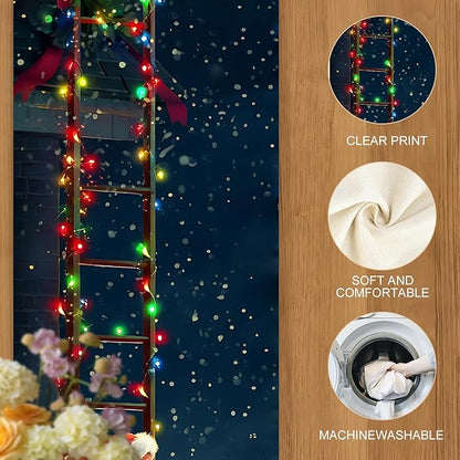 Christmas Table Runner– Festive Santa Claus Climbing Ladder Design with Holiday Lights & Snowy Village, Winter Table Decoration for Dining Table, Kitchen, Party & Home Décor