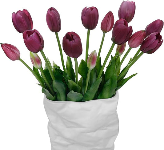 15 Pcs Deep Purple Artificial Flowers Tulips Real Touch Latex Plastic Soft Faux Bouquets for Party, Wedding, Home, Room, Garden Decor