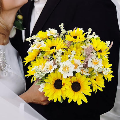 5 Bunches Artificial Sunflowers Bouquets, Fake Silk Sunflower with Faux Daisy Wildflowers Plants for Home Decor Indoor Floral Arrangements Table Centerpiece Bridal Wedding Decor (Yellow)