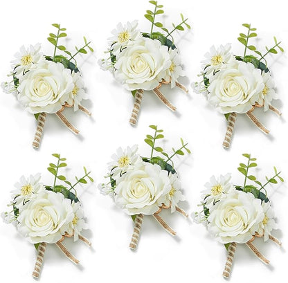Serwalin 6PCS Ivory Rose Boutonniere for Men Wedding Groom Groomsmen Best Man Artificial Flowers Boutonniere for Wedding Ceremony Anniversary Prom Flowers Formal Dinner Party