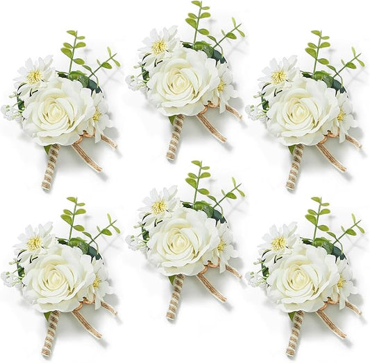 Serwalin 6PCS Ivory Rose Boutonniere for Men Wedding Groom Groomsmen Best Man Artificial Flowers Boutonniere for Wedding Ceremony Anniversary Prom Flowers Formal Dinner Party