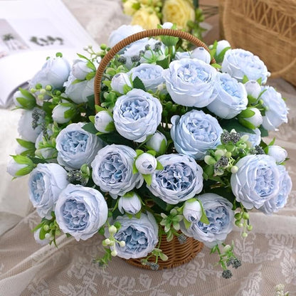 ASTRYAS Blue Artificial Flowers, 3PCS Fake Peony Flower Silk Peonies Faux Flowers Arrangements Table Centerpieces for Wedding Office Party Home Decoration Baby Shower(Light Blue)