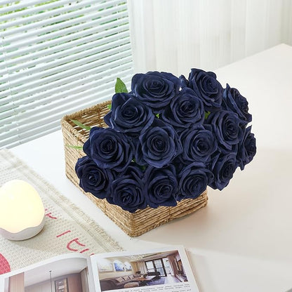 50pcs Navy Blue Roses Artificial Flowers Bulk Fake Roses Silk Flower with Stems Realistic Flowers for Wedding Centerpiece Party Birthday Decor