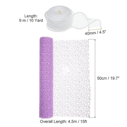 PATIKIL Flower Wrapping Mesh Paper, 15ft Floral Bouquet Craft Packaging Hollow Net Yarn with Ribbon for Flowers Gift Packaging, Purple