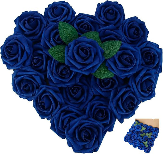 [25PCS] Navy Blue Roses Artificial Flowers with Long Stem Real Touch Fake Foam Roses for Decoration DIY Wedding Bouquets Centerpieces Bridal Shower Flower Arrangements Home Decor