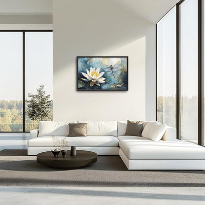 Extra Large Lotus Dragonfly Framed Wall Art for Living Room,Abstract Blue Lotus Flower Lake Pictures Wall Decor,Nature Canvas Print Painting Modern Artwork Bedroom Office Bathroom 36L x 24W