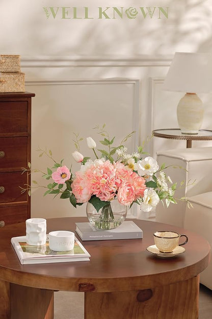 Artificial Flowers in Vase, WELL KNOWN Fake Silk Peony Tulip Hydrangea Pink & White Flower Bouquet Arrangement with Faux Water Centerpieces, Fake Flowers for Home Wedding Dining Table Party Decor Gift