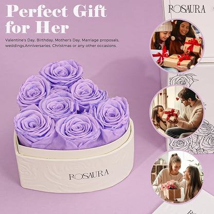 Rosaura Heart-Shaped Preserved Roses Gift Box - Real Forever Flowers for Birthday, Valentine's & Mother's Day (Light Purple, 7 Roses)