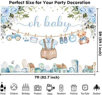 Sensfun Cute Clothes Baby Shower Backdrop for Boys Oh Baby Newborn Blue Floral Eucalyptus Leaves Adventure Baby Shower Party Decorations Banner Supplies Photo Booth Studio Props 7x5ft