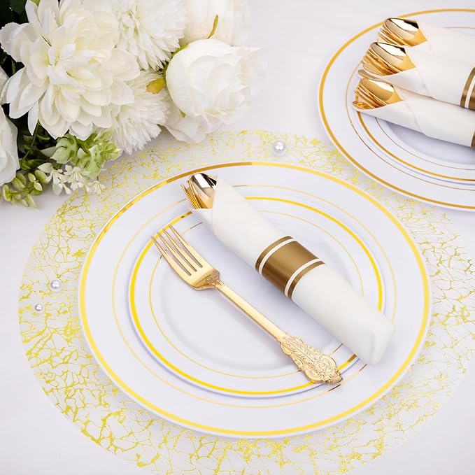 Hysenm 100 Pcs Disposable Gold Placemats Set Metallic 13 Inch Round Table Doilies, Ultra-Thin Messy Lines Disposable Placement Mats for Home Decoration Dining Table Wedding Birthday Party