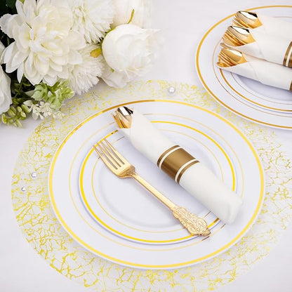 Hysenm 100 Pcs Disposable Gold Placemats Set Metallic 13 Inch Round Table Doilies, Ultra-Thin Messy Lines Disposable Placement Mats for Home Decoration Dining Table Wedding Birthday Party