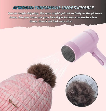 FENELY Women's Knitted Warm Beanie Winter Hat, Warm Chunky Snow Hat with Pompom
