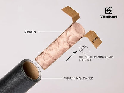 Vitalizart Black Wrapping Paper Set 17" Pearly-Lustre With Silk Like Satin Ribbon & Gift Tags Recyclable Christmas Gift Wrapping Birthday Baby Shower Wedding Handmade Crafts 197"(16.4 Ft)