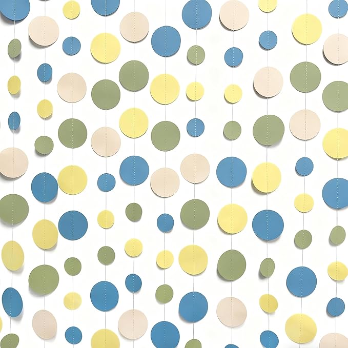 Sage Green Dusty Blue Yellow Beige Polka Dots Garlands Olive Green Macaron Yellow Dusty Blue Sand White Cream Nude Hanging Paper Circle Dots Streamer for Birthday Baby Shower Wedding Party Decorations
