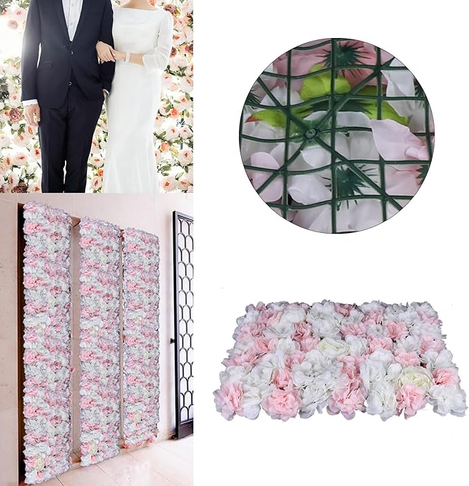 12Pcs 15.75" x 23.62x 0.79 Artificial Flower Wall Panels,Flower Wall Mat Silk Flower Panels for Outdoor Garden Backyard Fence Fence Privacy Screen and Indoor Wall Decor(12Pcs White+Light Pink)