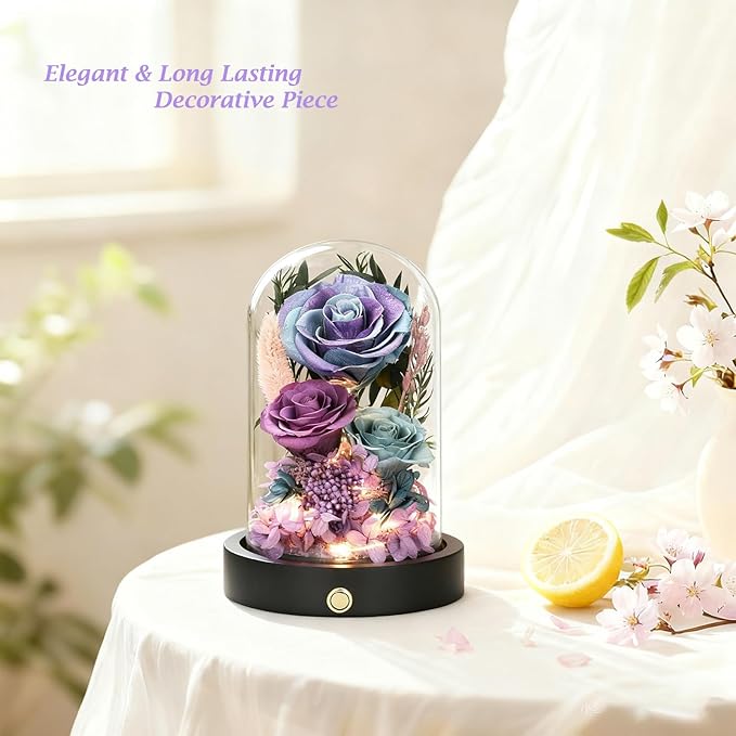 Birthday Gifts for Women Purple Preserved Flowers in Glass Dome Forever Flowers for Delivery Prime, Colorful Forever Roses Anniversary Valentines Day Mothers Day for Her Mom Wife