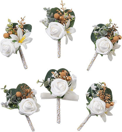 Meldel White Boutonniere for Men Wedding with Pins,Set of 6, Greenery Corsage Rose Groom Groomsmen Boutonniere for Wedding,Prom,Homecoming,Party,etc.