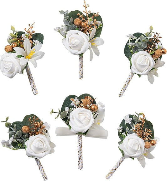 Meldel White Boutonniere for Men Wedding with Pins,Set of 6, Greenery Corsage Rose Groom Groomsmen Boutonniere for Wedding,Prom,Homecoming,Party,etc.