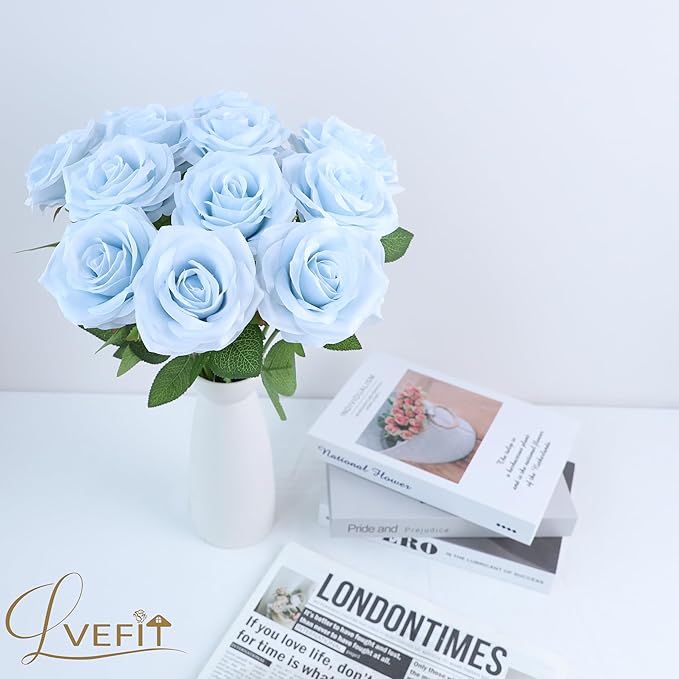 12pcs Artificial Rose Flower Ice Blue Rose Flower with Long Stem Silk Roses Bouquet for Wedding Bridal Shower Party Home Decoration