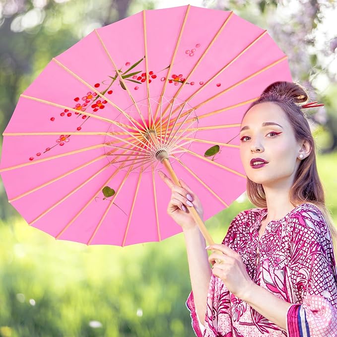 33" Pink Flower Cloth Decoration Handmade Parasol Umbrella Chinese Japanese Asian DIY Art Dance Classical Umbrella for Wedding Parties Photography Costumes Cosplay (Pink)