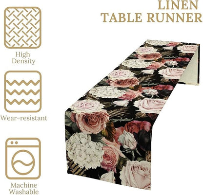 Gothic Flower Table Runner, Vintage Peony Rose Rustic Farmhouse Natural Spring Black Floral Leaves Table Runner for Home Indoor Outdoor Party Wedding Decor, 13x120inch