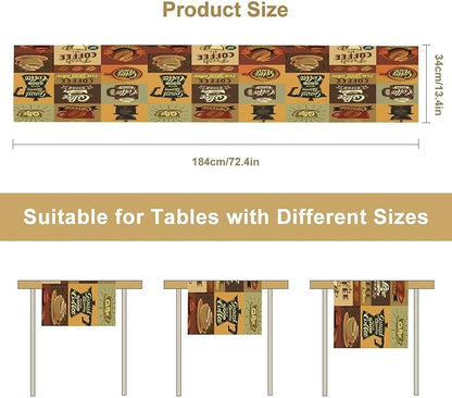 Coffee Table Runner,Vintage Style Coffee Beans Cups Theme Design Pattern Print Tablecloth Burlap for Hotel Indoors Outdoor Dining Room Kitchen Holiday Party, 13x90in
