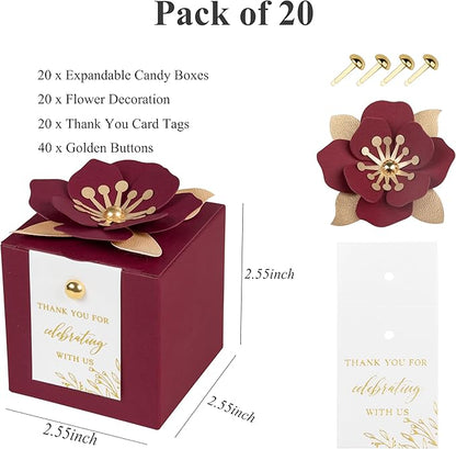 FEIYI 20 PCS Favor Boxes, 3 In 1Burgundy Candy Boxes with Floral Decor, White Thank You Tags Gold Foil Print Gift wrapping for Wedding, Baby Shower, Birthday, Decorations Party - 2.55x2.55x2.55