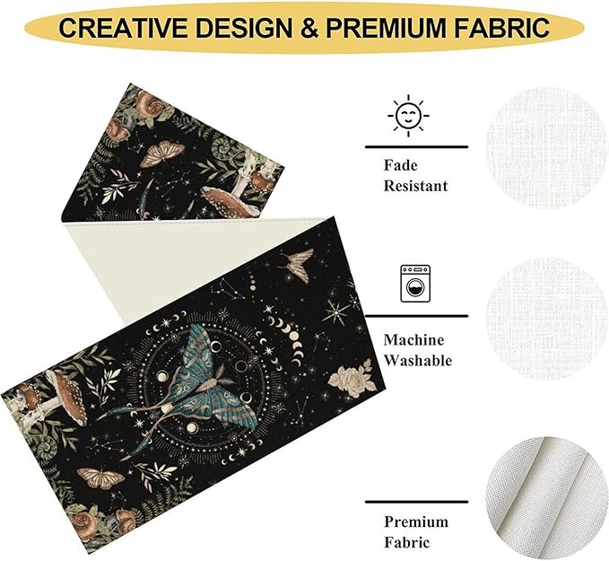 Gothic Moth Table Runner, Boho Gothic Sun Moon Phase Mystical Mushroom Floral Witchy Farmhouse Coffee Table Center Decor for Home Kitchen Dining Patio Holiday Party Table Decorations 13x108 inches