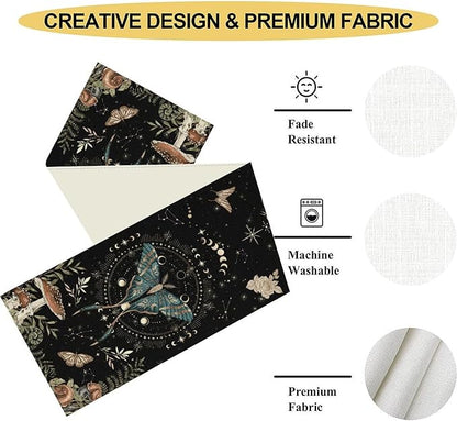 Gothic Moth Table Runner, Boho Gothic Sun Moon Phase Mystical Mushroom Floral Witchy Farmhouse Coffee Table Center Decor for Home Kitchen Dining Patio Holiday Party Table Decorations 13x90 inches