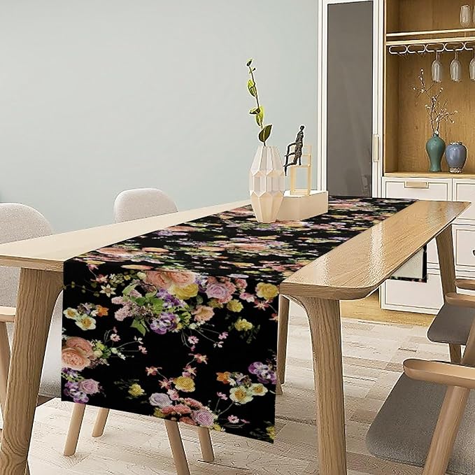 Vintage Floral Table Runner,Gothic Retro Flowers Spring Summer Seasonal Table Runner for Home Kitchen Table Dining Indoor Outdoor Party Decor 13x36 Inch