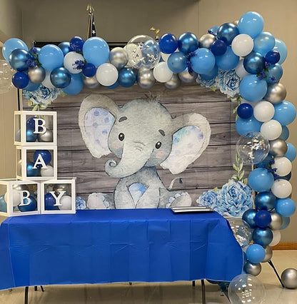AOFOTO 15x10ft Elephant Rustic Grey Wooden Backdrop for Boy Baby Shower Watercolor Blue Floral Cartoon Animal Gender Reveal Photography Background It's a Boy Newborn Kids Birthday Party Decoration