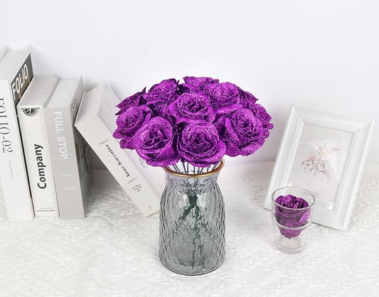 30PCS Purple Glitter Roses Artificial Flowers Faux Roses with Stems for DIY Crafts Wedding Bouquet Party Home Decor(Purple)