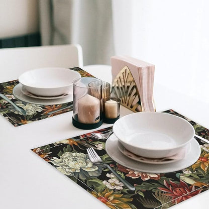 Vintage Floral Placemats Set of 4, 17x12 Inch Colorful Flowers Birds Green Leaves Black Retro Aesthetic Art Print Table Mats for Home Party Kitchen Dining Decor