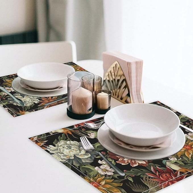 Vintage Floral Placemats Set of 8, 17x12 Inch Colorful Flowers Birds Green Leaves Black Retro Aesthetic Art Print Table Mats for Home Party Kitchen Dining Decor