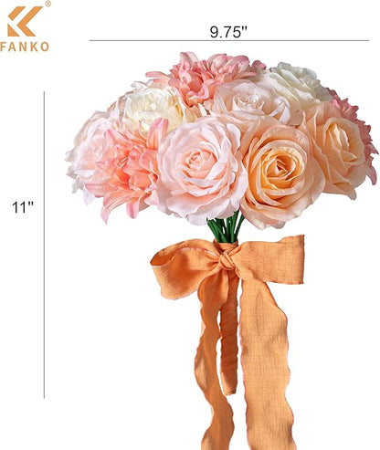 FANKO Artificial Flowers Fake Rose Combo, 5 Mixed Silk Flowers Bouquet Yellow Champagne Rose Cream Roses, Pink Dahlia for DIY Wedding Bridal Bouquets/Centerpieces/Home Decorations