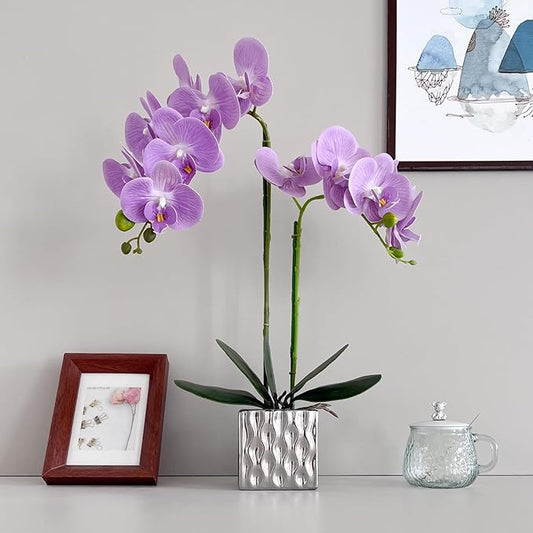 LISU Artificial Orchids, Silver Vases, Home Decoration Flower Arrangements,Purple Orchids Fake Flowers in Vases.