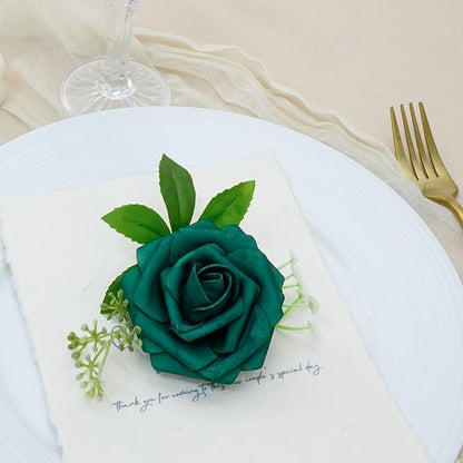 Artificial Flowers, 50pcs Hunter Green Artificial Rose for DIY Wedding Bouquets Centerpieces Arrangements, Fake Flower with Stem for Party Home Decrration