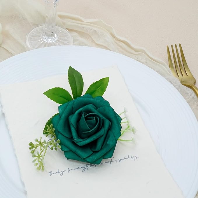 Artificial Flowers, 100pcs Hunter Green Artificial Rose for DIY Wedding Bouquets Centerpieces Arrangements, Fake Flower with Stem for Wedding Shower Party Tables Home Decorations