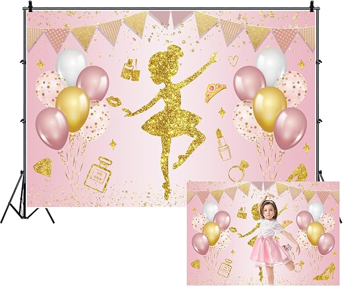 Renaiss 12x8ft Ballerina Princess Backdrop Pink Gold Shiny Elegant Fairy Ballet Dancer Photography Background for Girl Baby Shower Birthday Party Decor Banner Photo Studio Props
