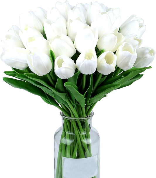 SITUMEIZI 15pcs White Flowers Artificial Tulips Fake Silk Flowers 14" in Bulk Home Kitchen Easter Wedding Decor Spring Easter Bouquet Decorations Floral Arrangements Real Touch Flower