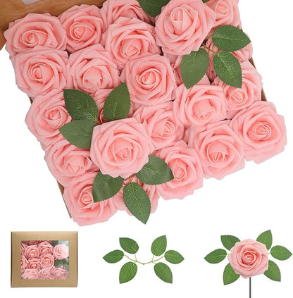 100PCS Artificial Flowers Pink Roses Real Looking Foam Fake Roses with Leaves and for DIY Wedding Bouquets Bridal Shower Centerpieces Party Decorations (Pink, 100)