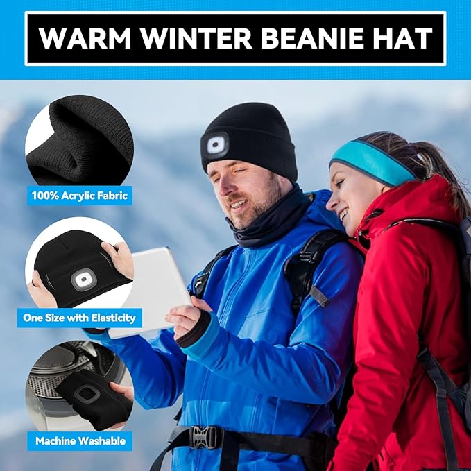 Christmas Stocking Stuffers for Men Adults, Beanie Hats with Light, USB Rechargeable LED Hand Free Headlamp, Birthday Gifts for Men, Women, and Teens, Ideal for Camping, Hiking, 2 Pack, Black
