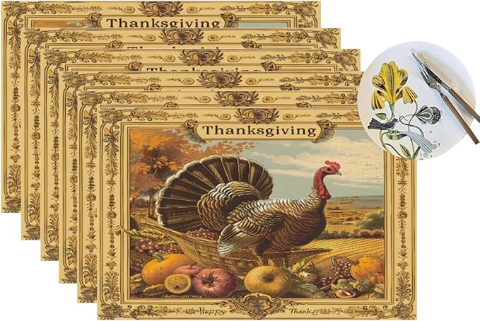 PVC Placemats Set of 6 Wipeable Table Mats Washable Heat Resistant Non Slip Vinyl Dining Table Mat for Kitchen Indoor Outdoor Patio Farmhouse Place Mats Retro Turkey Thanksgiving Decorative