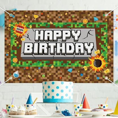 Pixel Birthday Backdrop Banner, 5x3ft/150x100cm Video Game Theme Happy Birthday Backdrop Decoration for Pixel Theme Kids Game Party Decoration Supplies