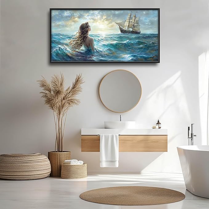 Mermaid Large Wall Art Ocean Mermaid Boat Pictures Wall Decor Nautical Canvas Seascape Print Painting Modern Artwork Home Decoration for Living Room Bathroom Bedroom Office Framed 60"x30"