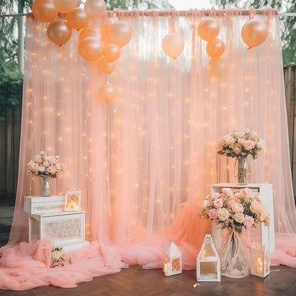 10ft x 8ft Peach Backdrop Curtain with Lights String for Parties, Sheer Tulle Wedding Photo Backdrops Drapes for Baby Shower Birthday Party Decorations Background for Photography