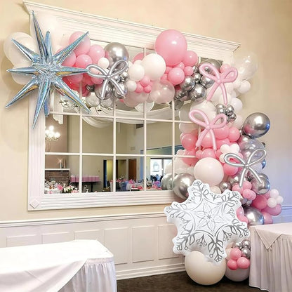 Pink Winter Wonderland Balloon Arch Garland Kit, Pink White Metallic Silver Balloons with Snowflake Star Foil Balloons for Winter Christmas Baby Its Cold Outside Baby Shower Birthday Party Decorations