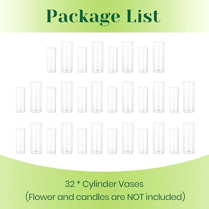 Hewory Glass Cylinder Vases for Centerpieces: 32PCS Clear Flowers Vases Bulk for Floating Candle Bouquet - Hurricane Candle Holders for Wedding Table Birthday Party Decorations