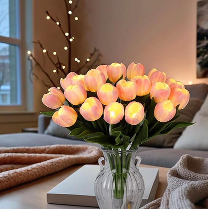 LED Lighted Artificial Tulip Lamp, Real Touch Tulip Flowers, 15 Inch Faux Tulip Bouquet with Battery Operated Lights for Gifts, Home Kitchedn Wedding Decor (Pink)